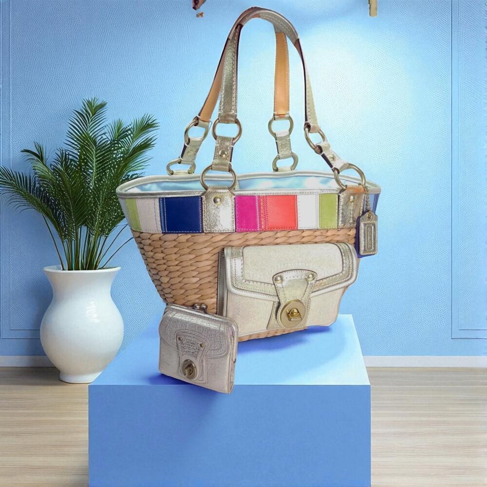 Vintage COACH Legacy Multicolor Straw Basket and gold Turnlock Wallet Set